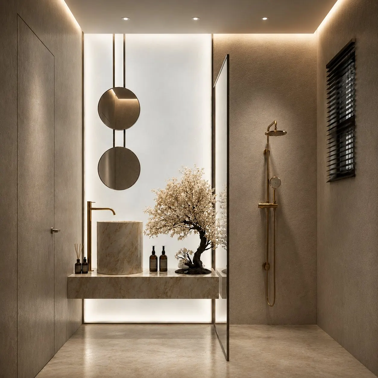 Minimal bathroom with stone basin and brass shower, Dubai Marina