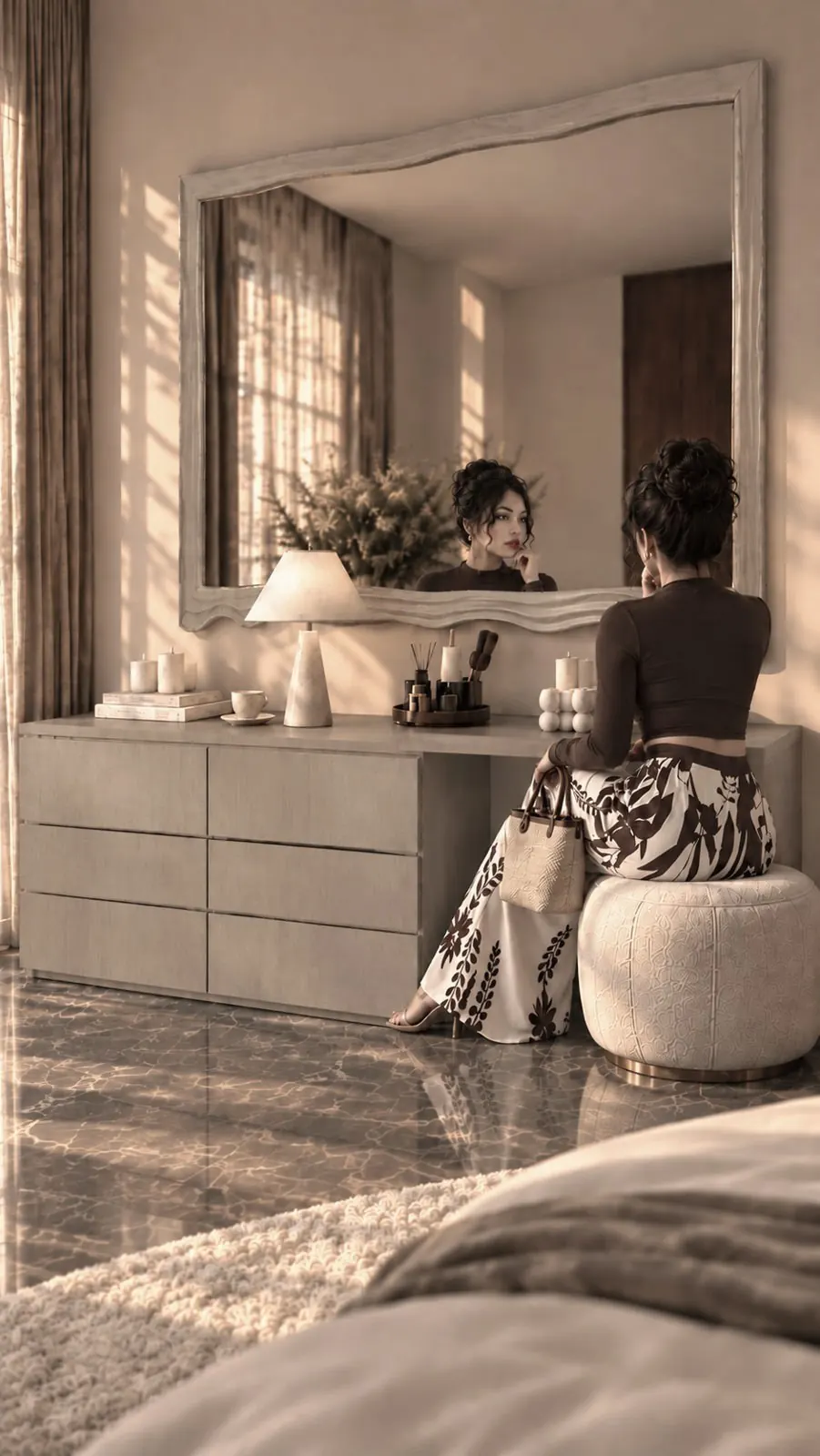 Bedroom dresser with sculpted mirror and pouf, Jumeirah Islands, Dubai