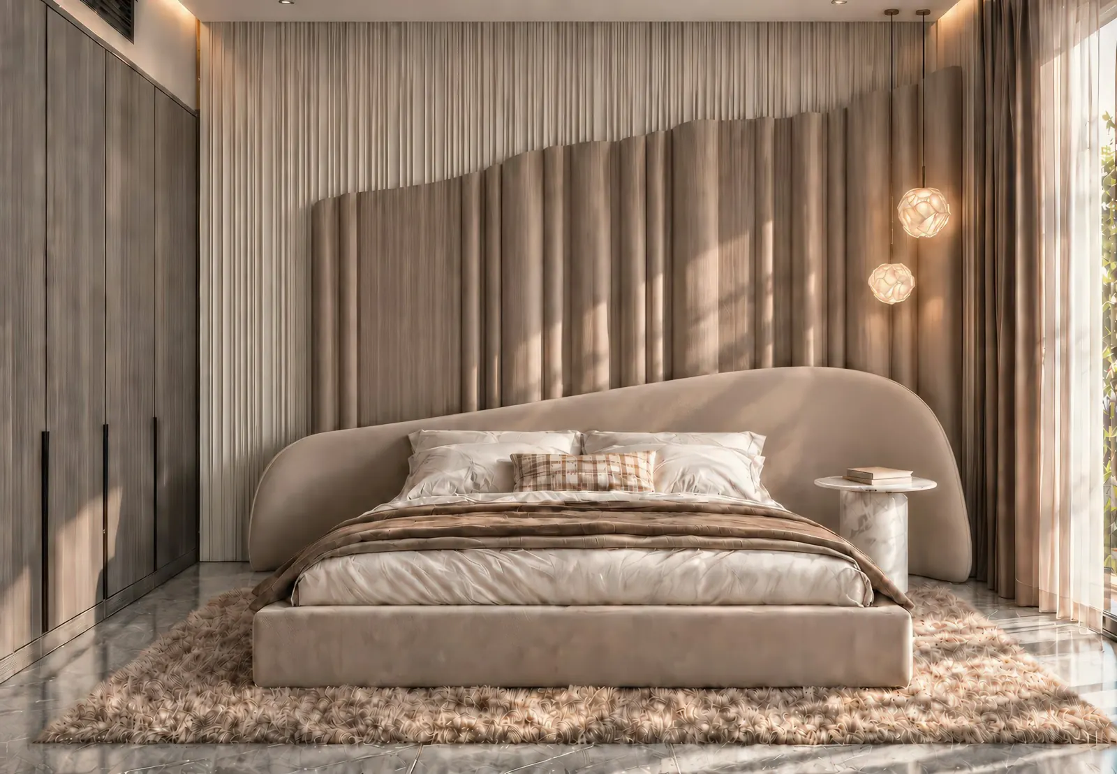 Bedroom with sculpted wave headboard and fluted wall, Dubai Hills Estate