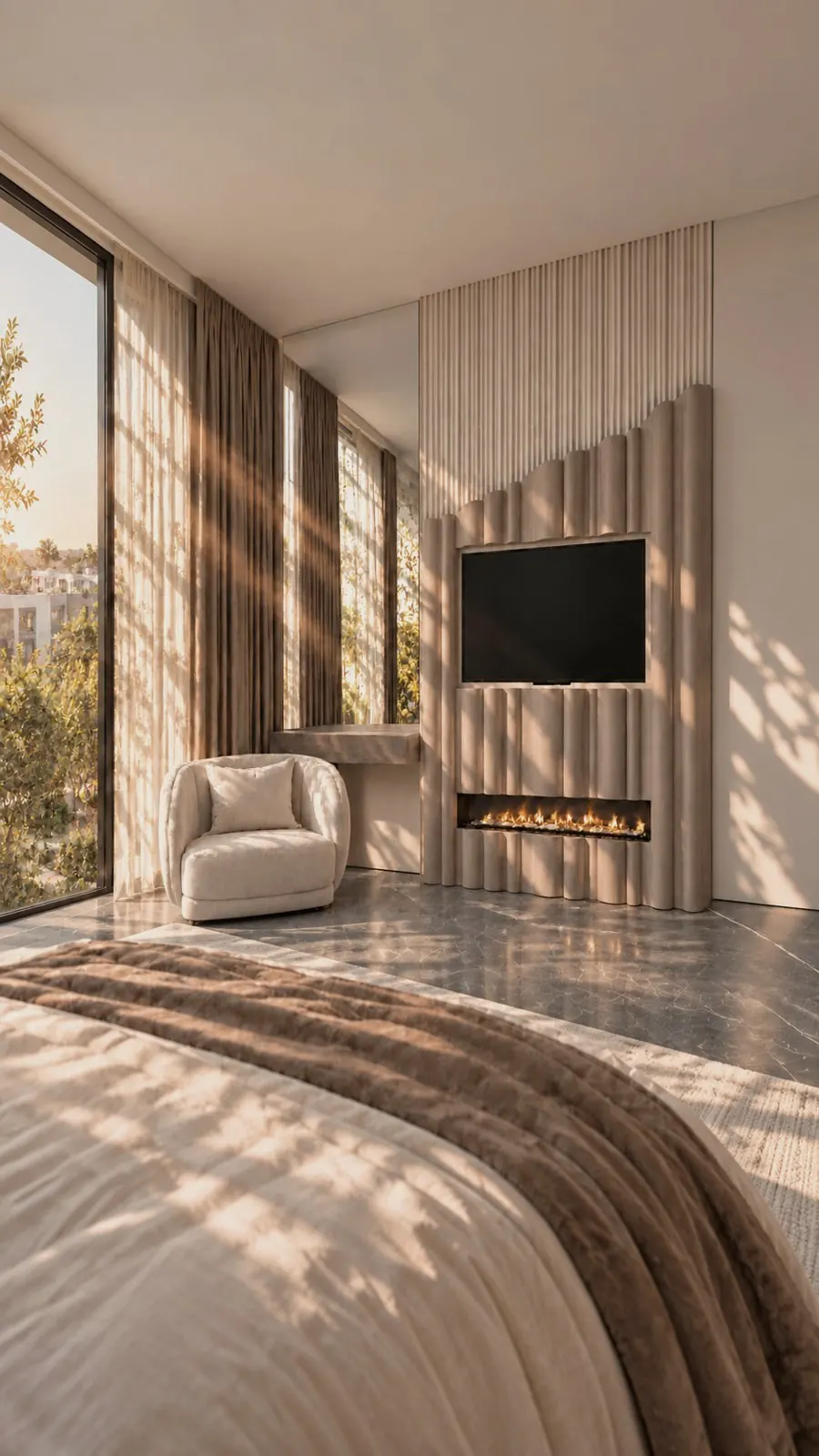 Bedroom fluted fireplace wall with garden view, Dubai Hills Estate