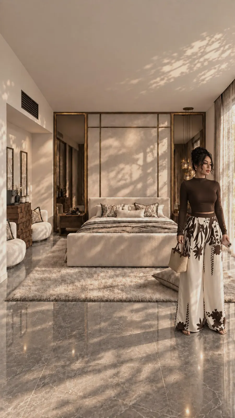 Bedroom with dappled light on marble floor, Jumeirah Islands, Dubai