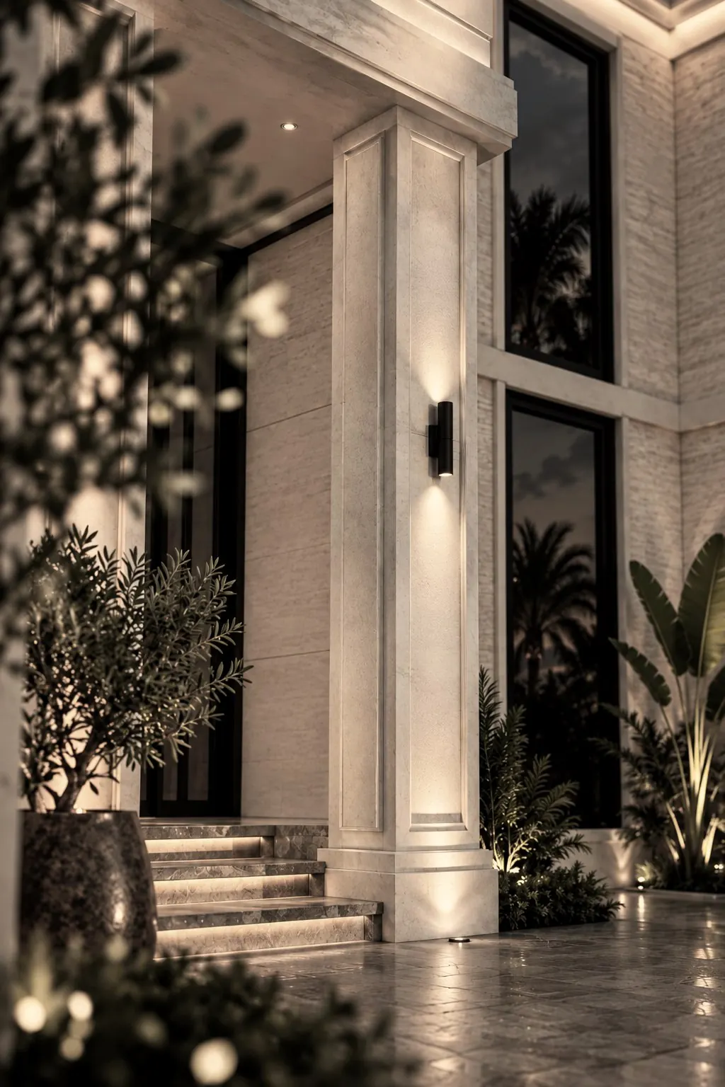 Classic villa entrance column with lit stone steps, Yas Island, Abu Dhabi