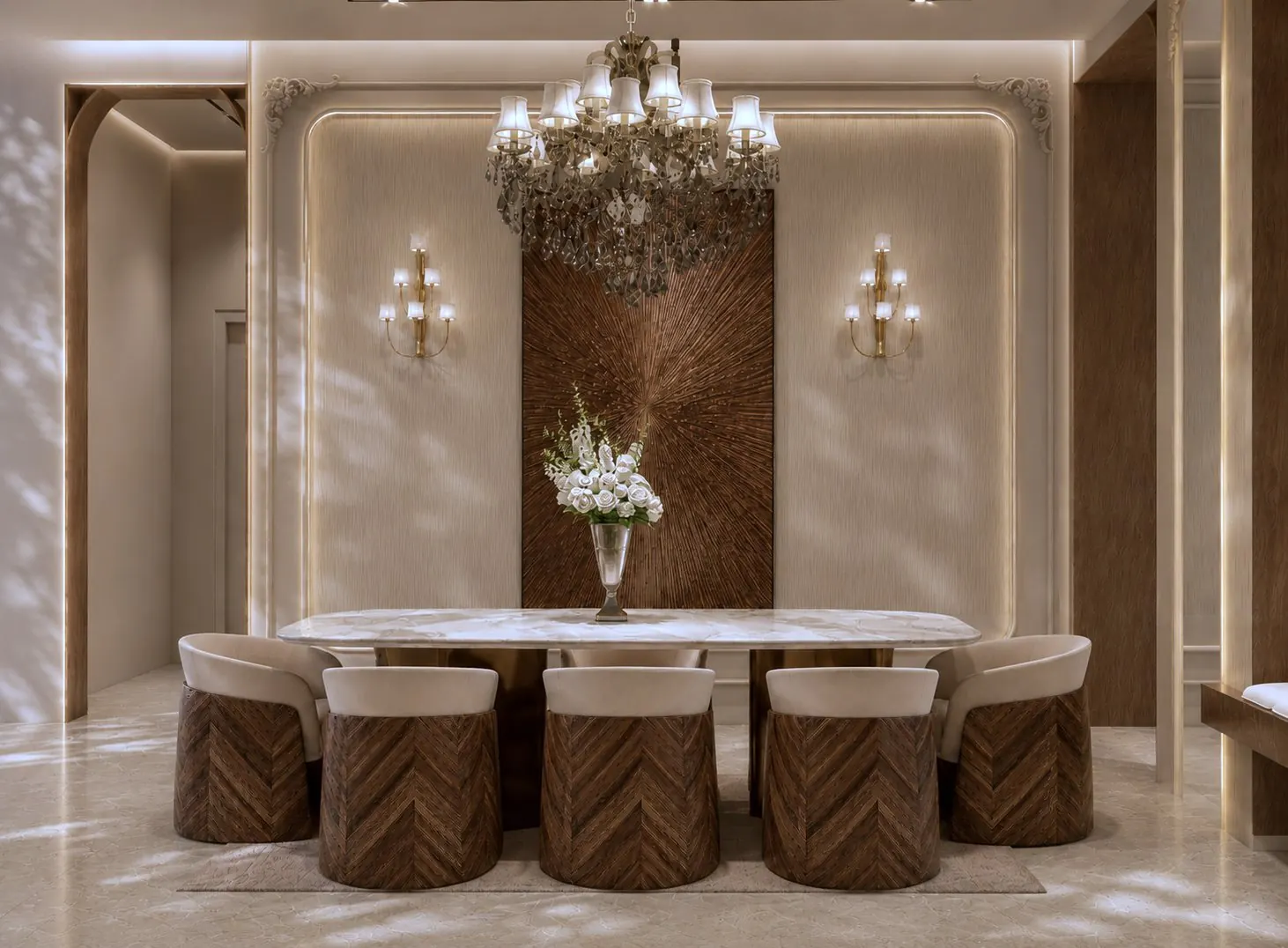 Dining room with sunburst wood panel and marble table, JVC, Dubai