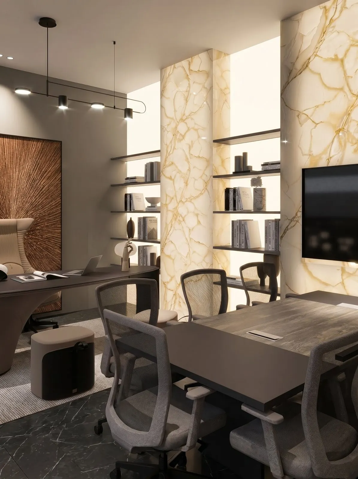 Executive office with backlit onyx shelving and meeting table, Tripoli, Libya