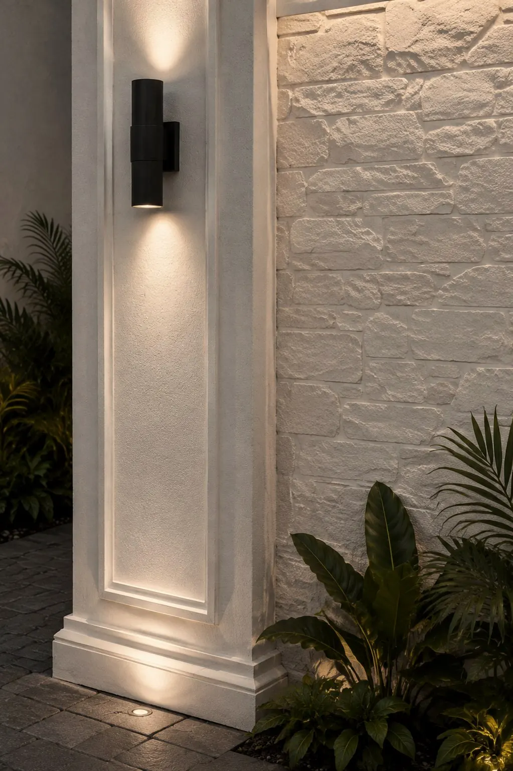 Facade detail with moulded pilaster, wall light and stone cladding, Yas Island, Abu Dhabi