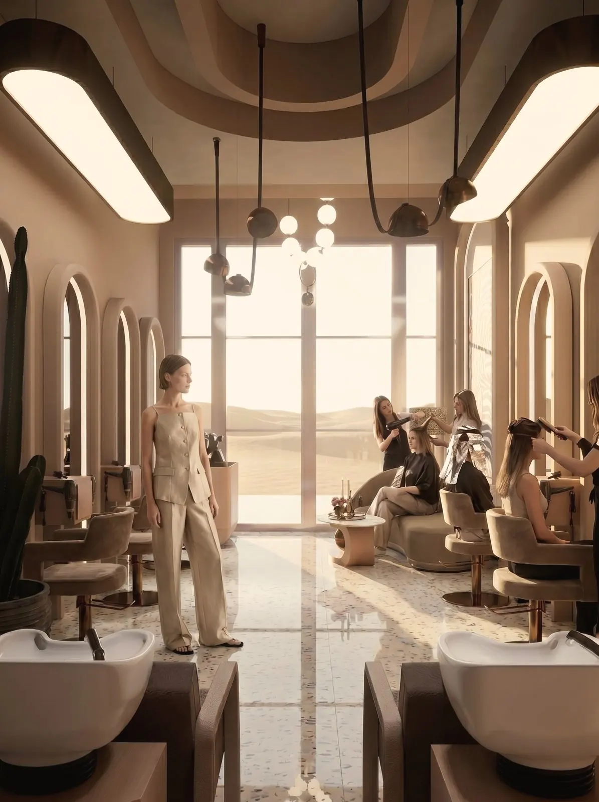 Hair salon with arched mirrors and desert view, Riyadh, Saudi Arabia