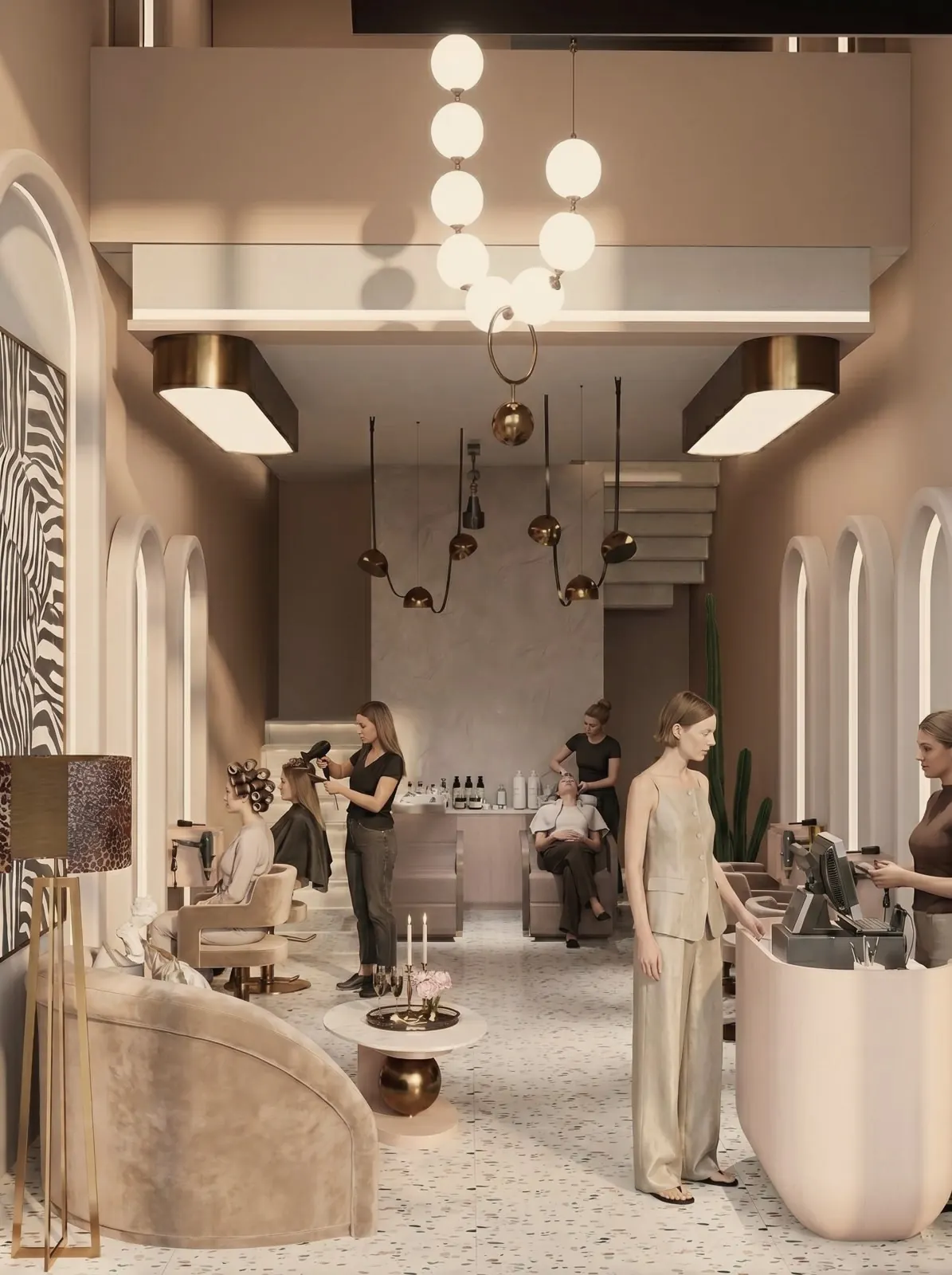 Salon reception with globe pendant and terrazzo floor, Riyadh, Saudi Arabia