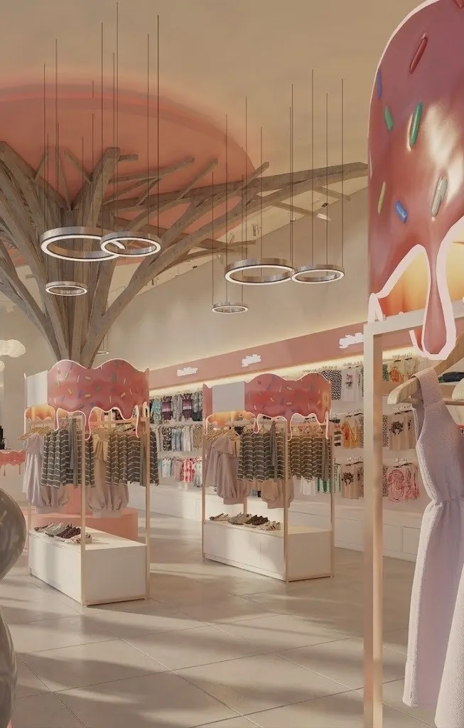Kids fashion store with sculptural tree canopy and dripping-icing display racks, Doha, Qatar
