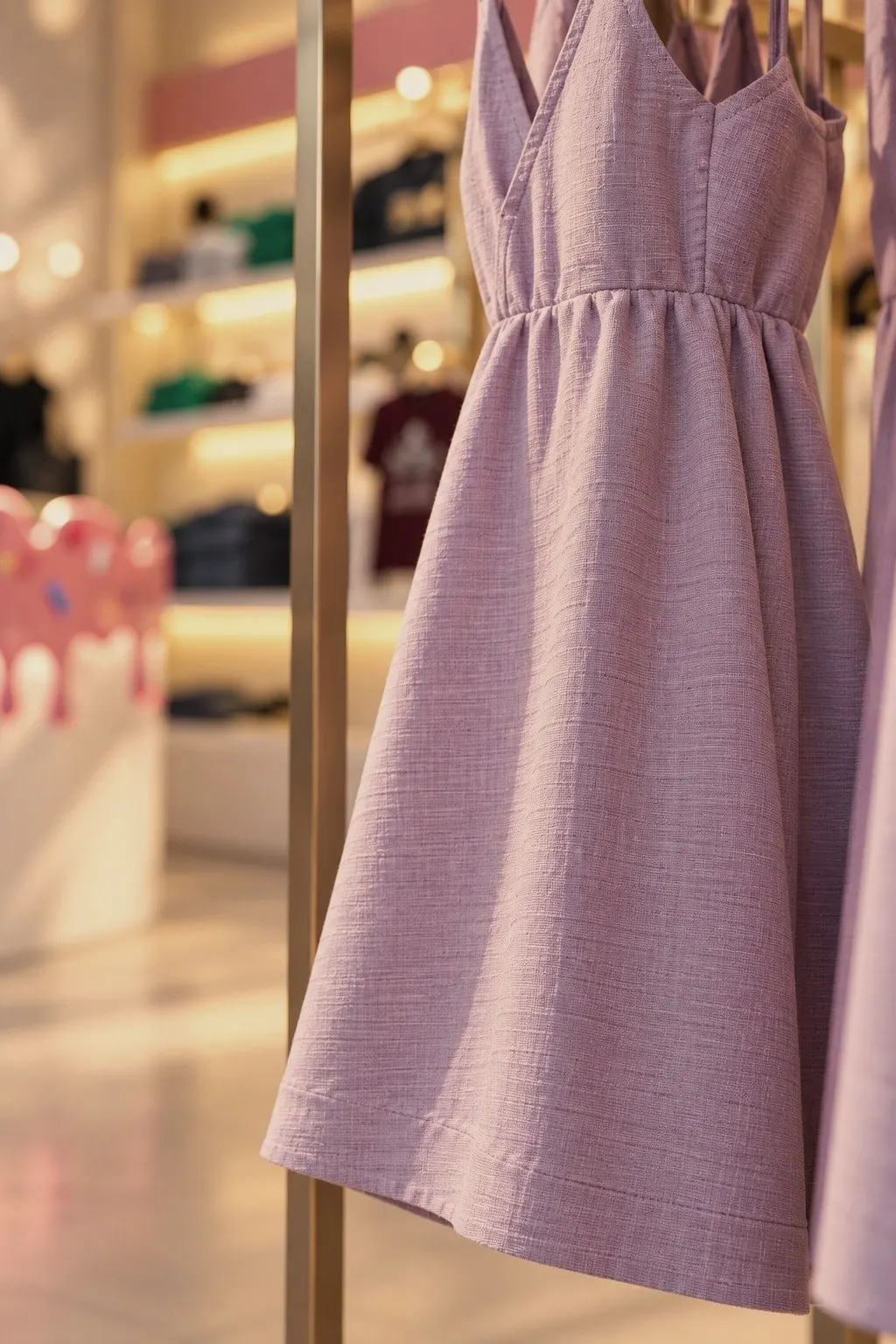 Lilac dress on a brass rail in the kids fashion store, Doha, Qatar
