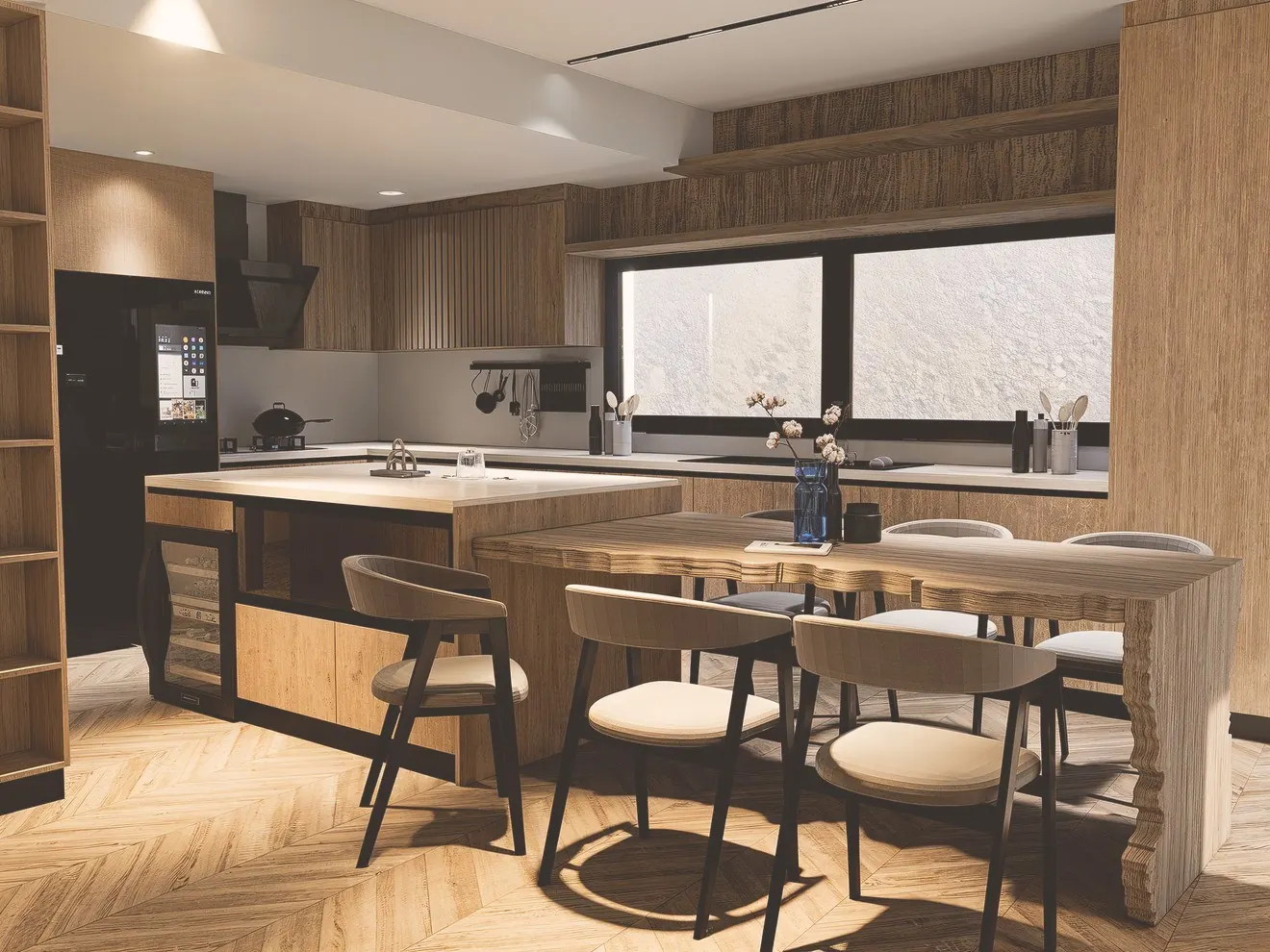 Dark wood kitchen with fluted cabinets, island and live-edge dining table, Al Barari, Dubai