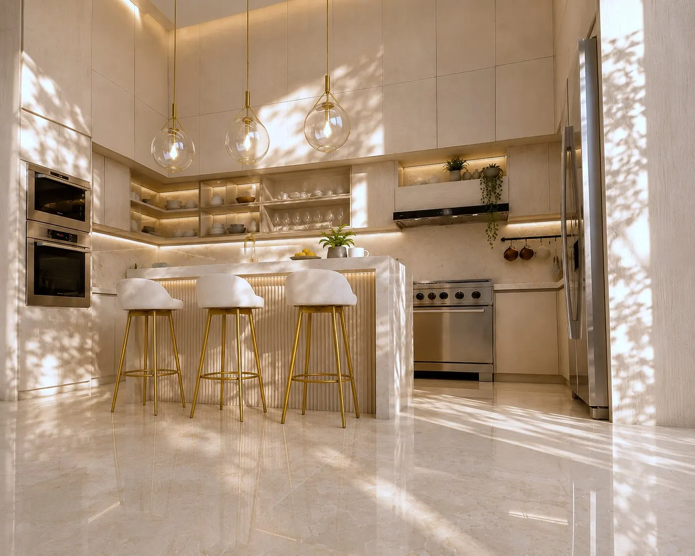 Cream kitchen with brass bar stools and glass pendants, Arabian Ranches, Dubai