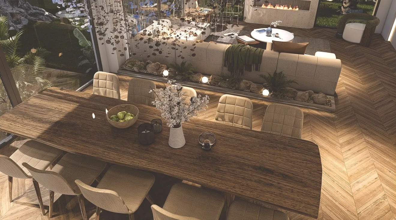 Dark wood dining room with live-edge table, herringbone floor and sunken lounge, Al Barari, Dubai