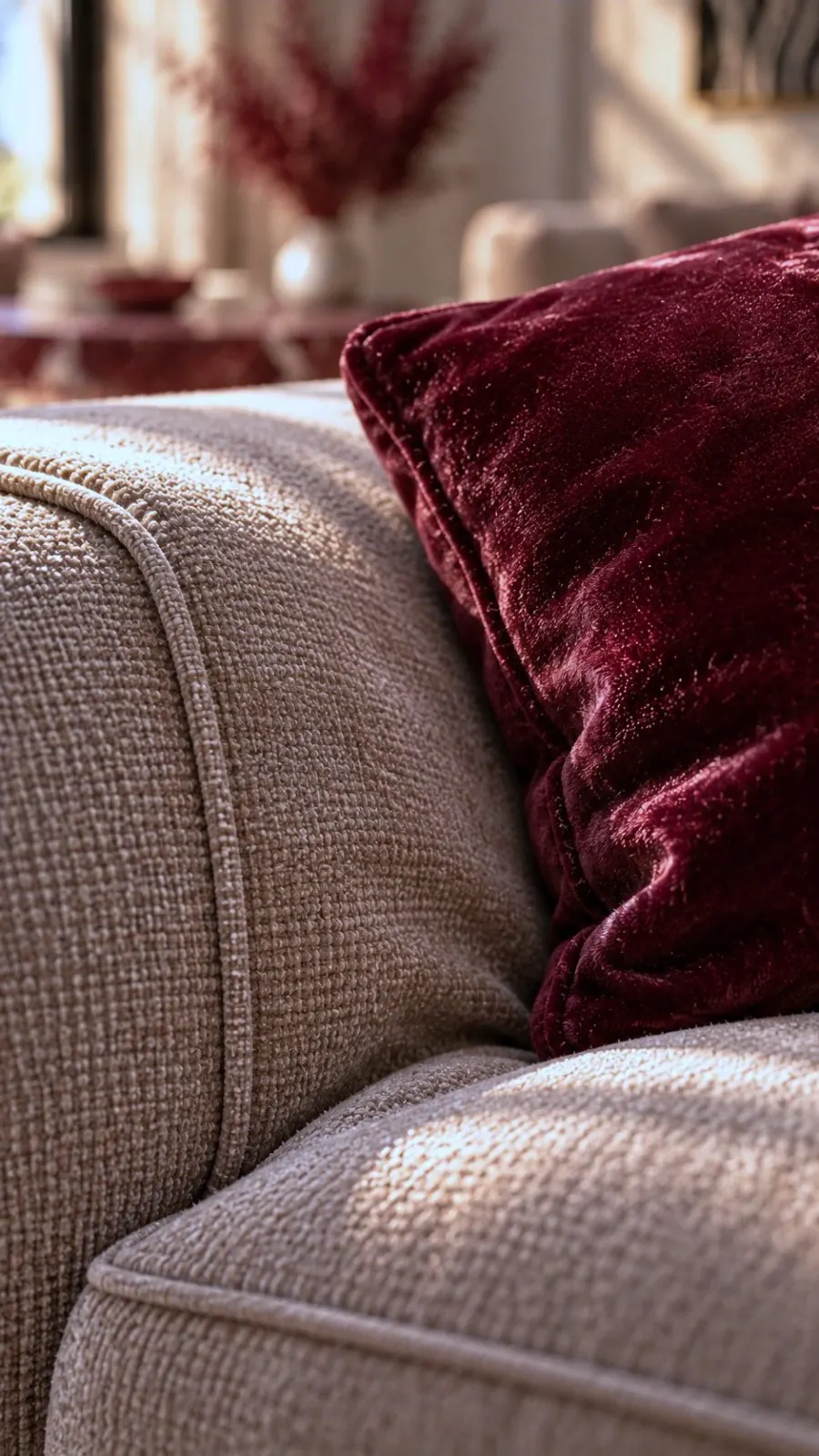 Velvet cushion on textured sofa detail, Emirates Hills, Dubai