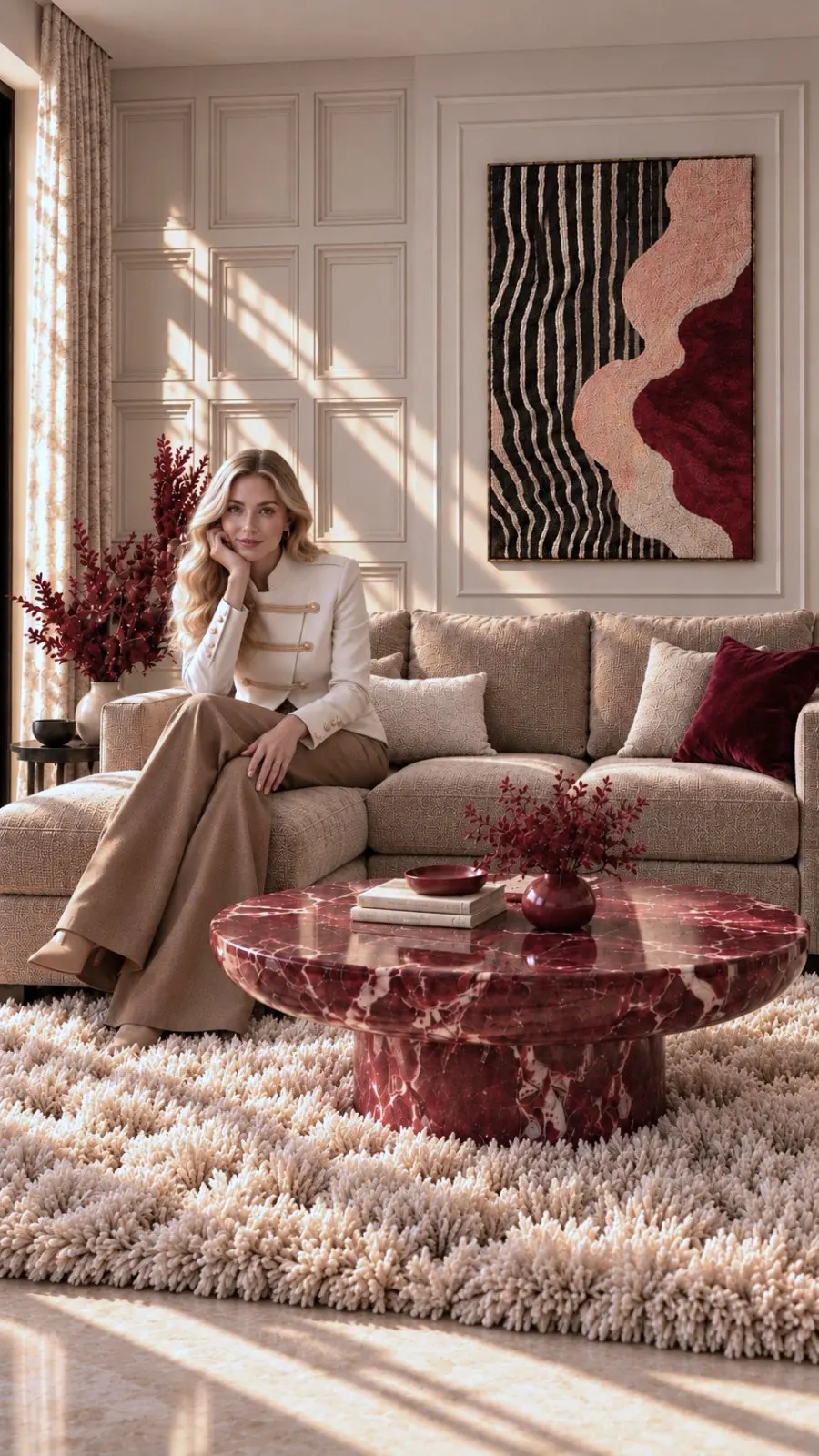 Living room with red marble coffee table and textile art, Emirates Hills, Dubai