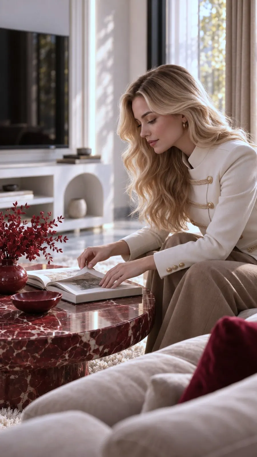 Red marble coffee table detail with velvet sofa, Emirates Hills, Dubai