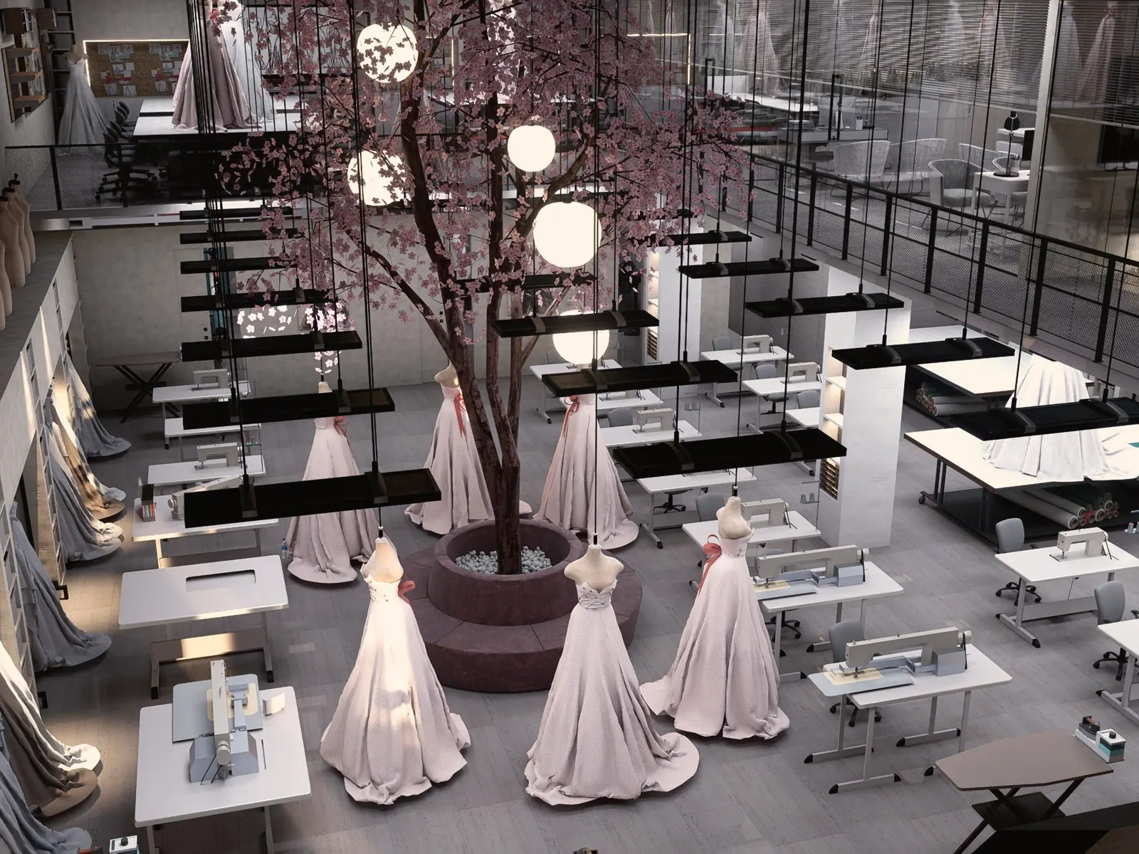 Bridal atelier workshop with blossom tree, gowns and sewing stations for bridal designer Manal Ajaja, Al Quoz, Dubai
