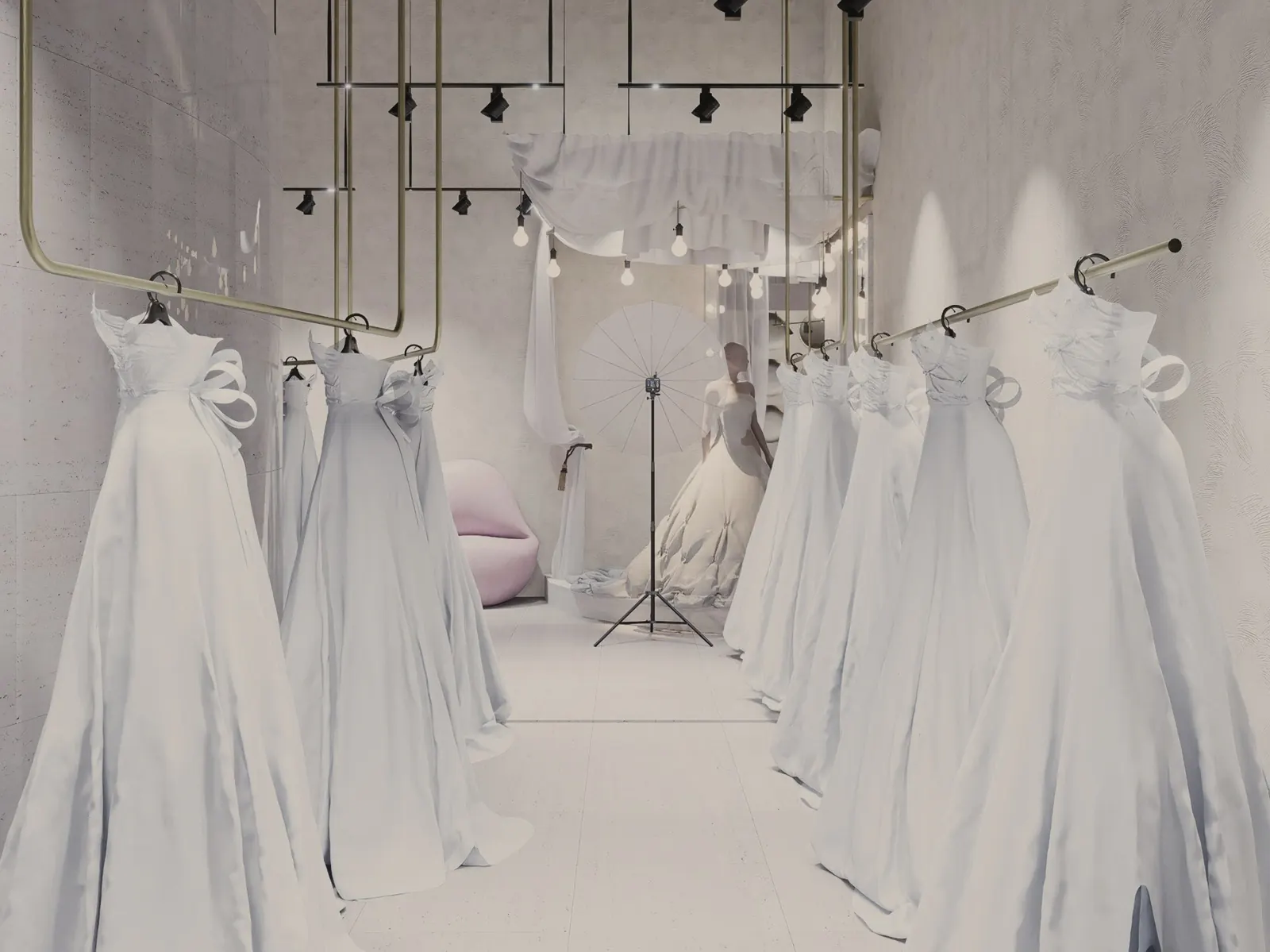 Bridal boutique gallery with brass rails, gowns and photo corner for bridal designer Manal Ajaja, Al Quoz, Dubai