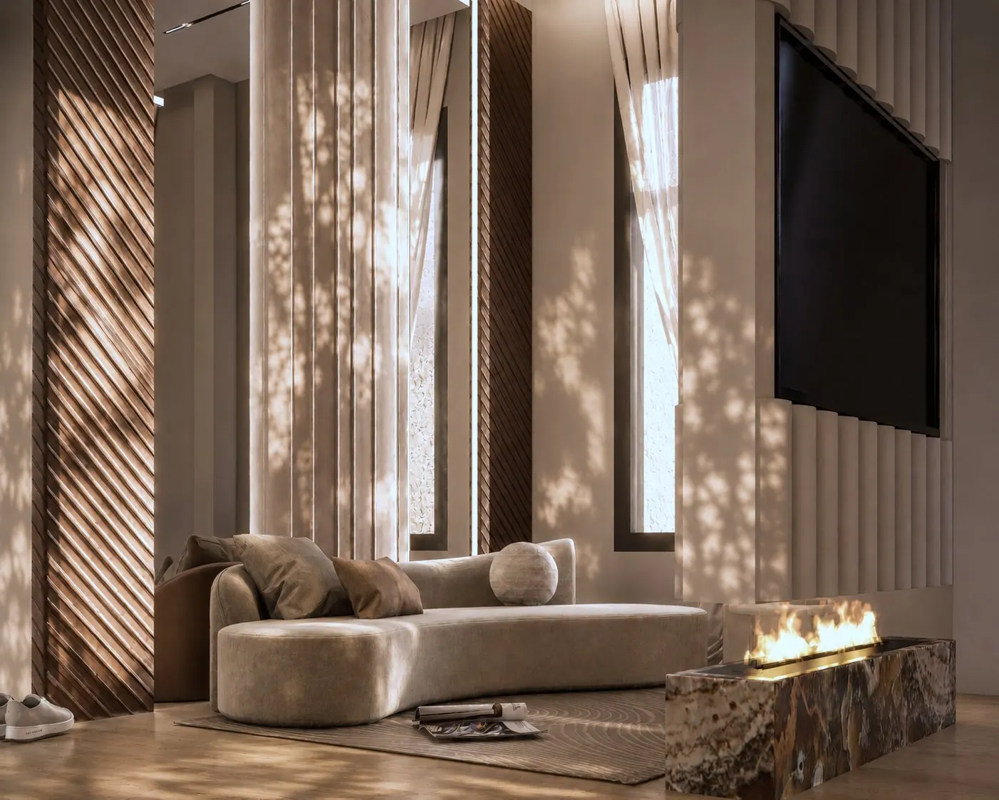 Suite lounge with curved sofa and marble fireplace, District One, MBR City