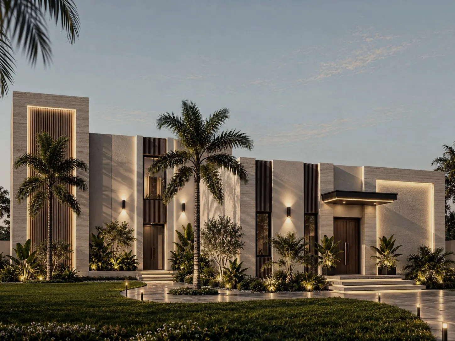 Modern villa facade in travertine with timber fins and lit entrance at dusk, Saadiyat Island, Abu Dhabi