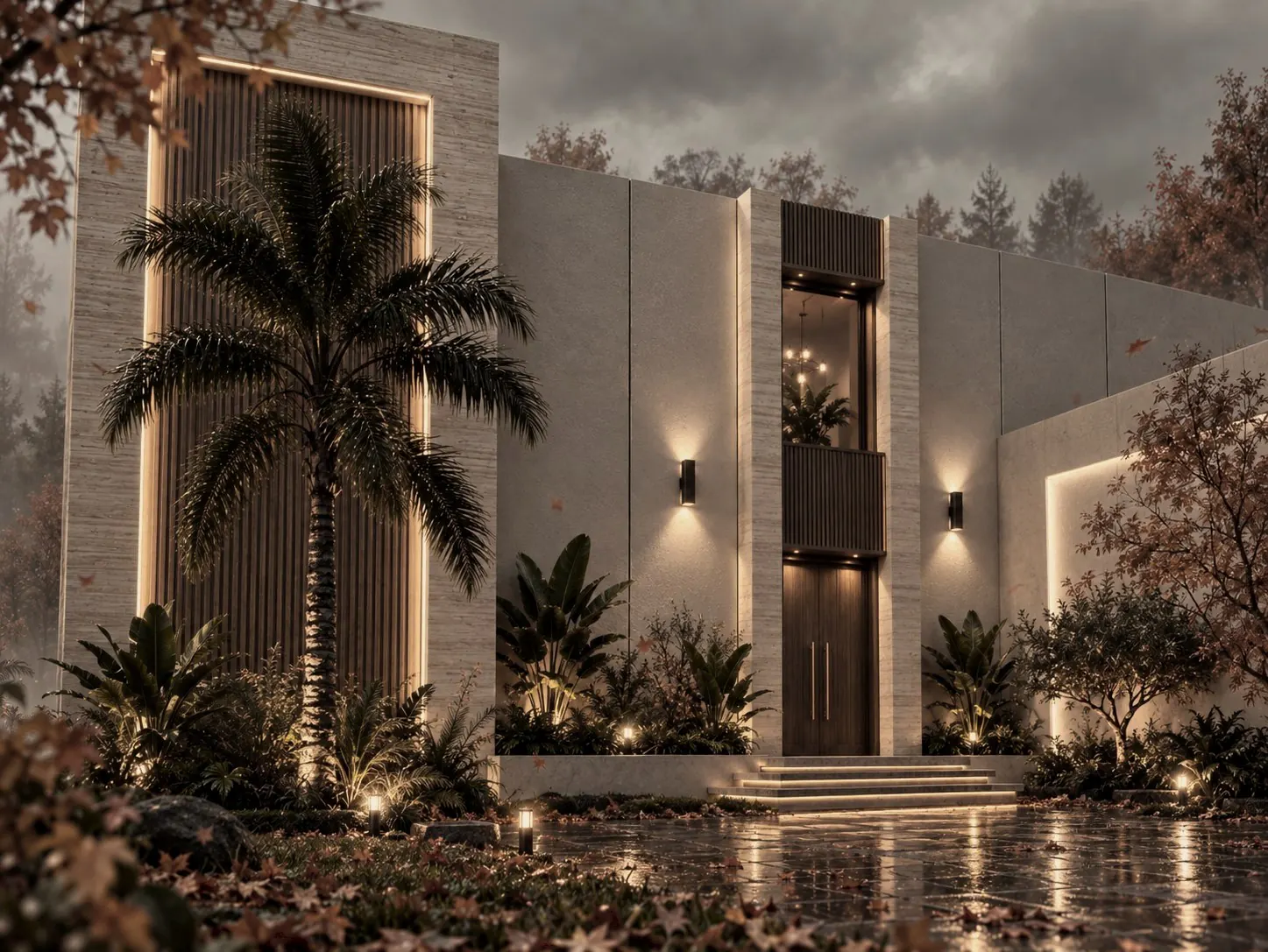 Modern villa entrance with timber screen and glowing travertine frame, Saadiyat Island, Abu Dhabi