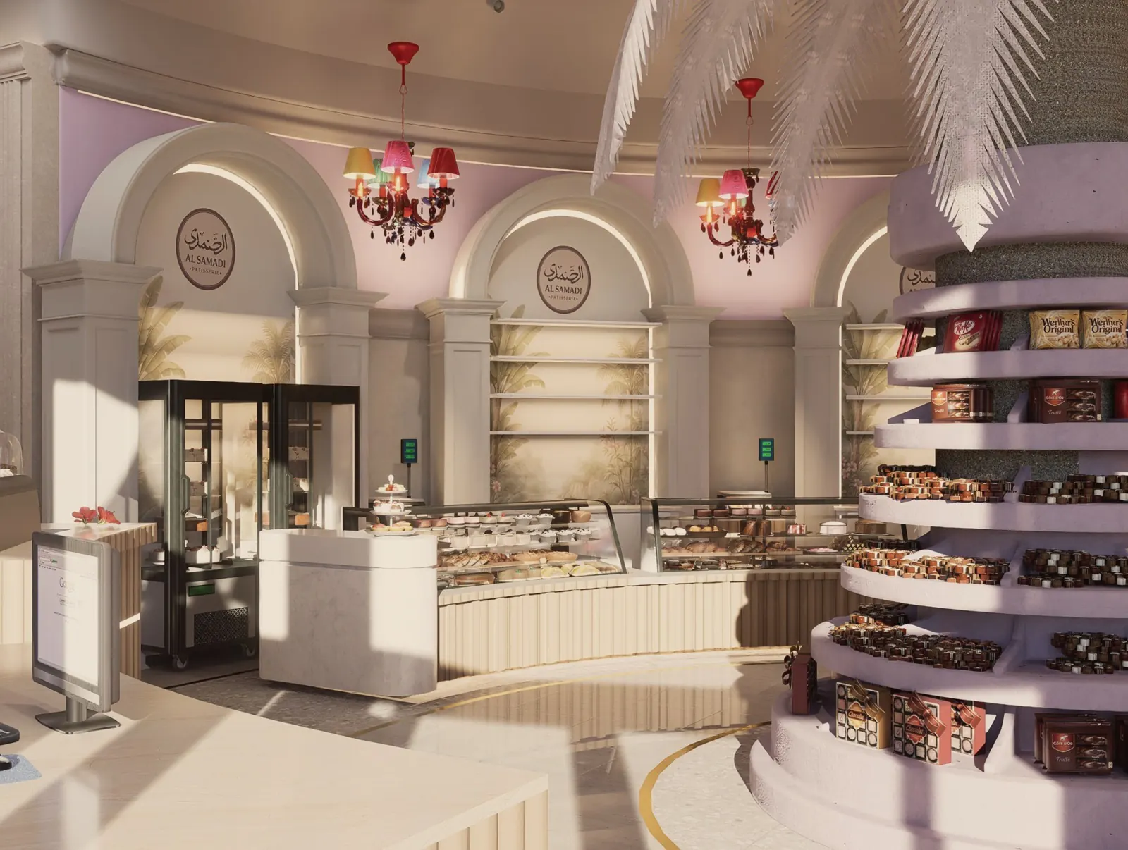 Patisserie interior with arched niches, coloured chandeliers and chocolate display, Cairo, Egypt