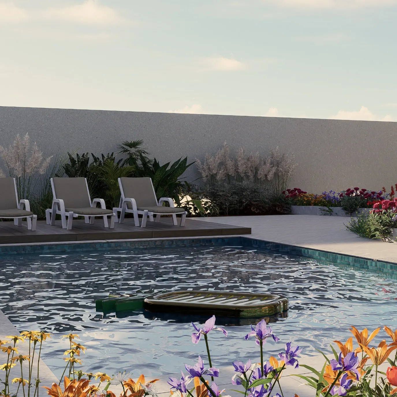 Sunny pool garden with timber deck, loungers and colourful flower beds, Al Furjan, Dubai