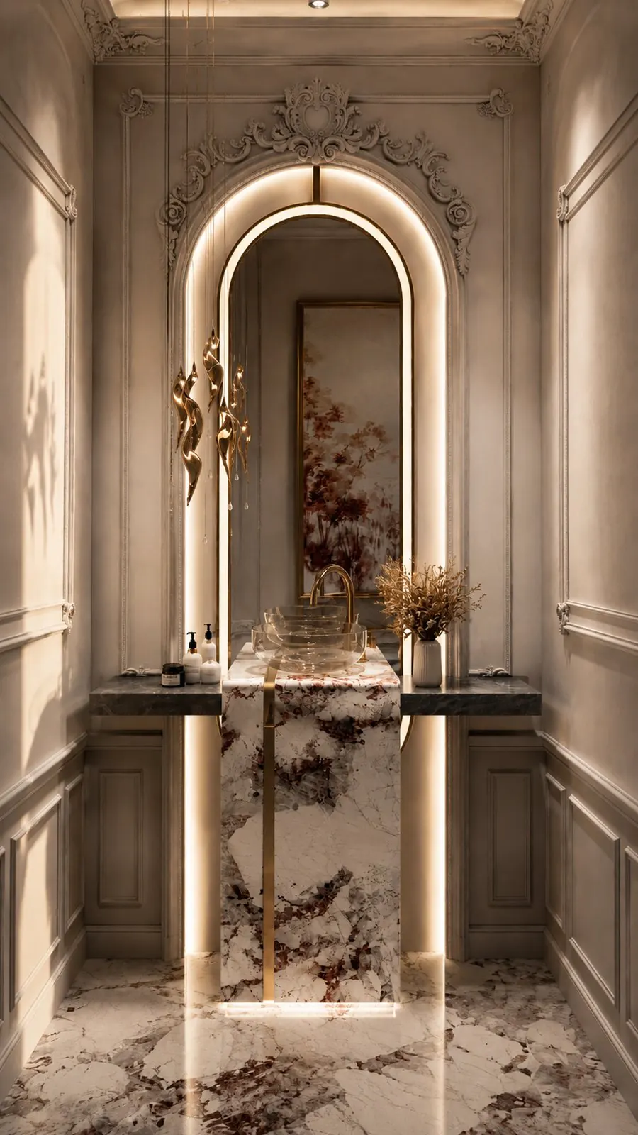 Powder room with ornate moulding and marble pedestal basin, Palm Jumeirah, Dubai