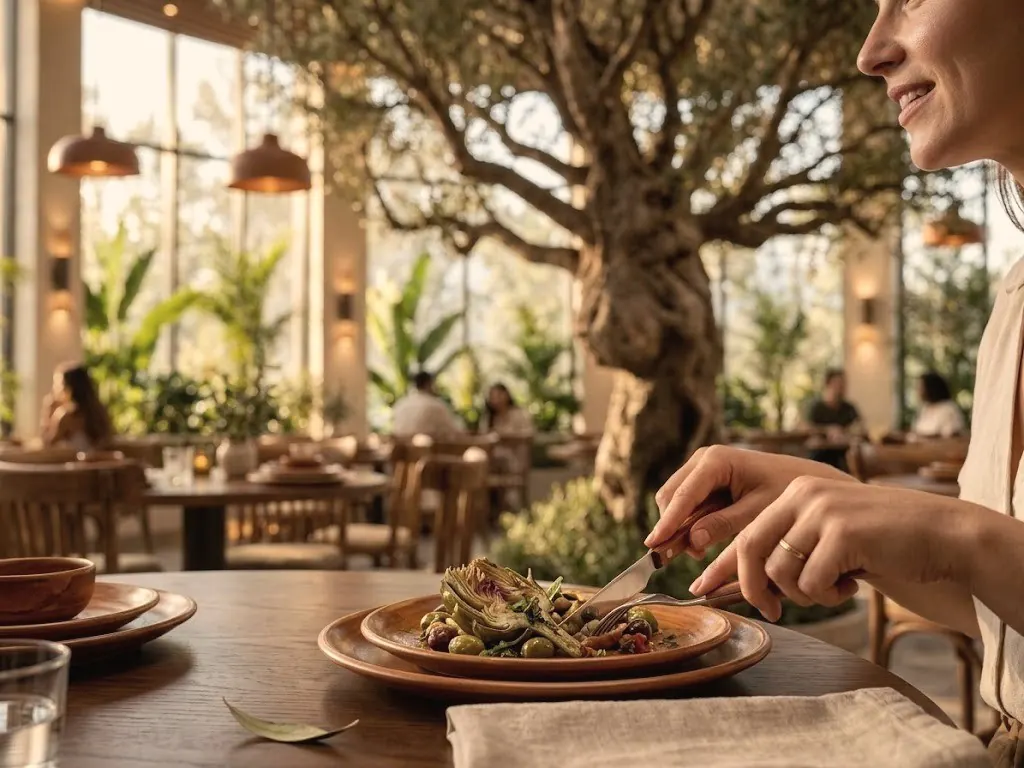 Dining moment beneath the olive tree with terracotta tableware, Jeddah, Saudi Arabia