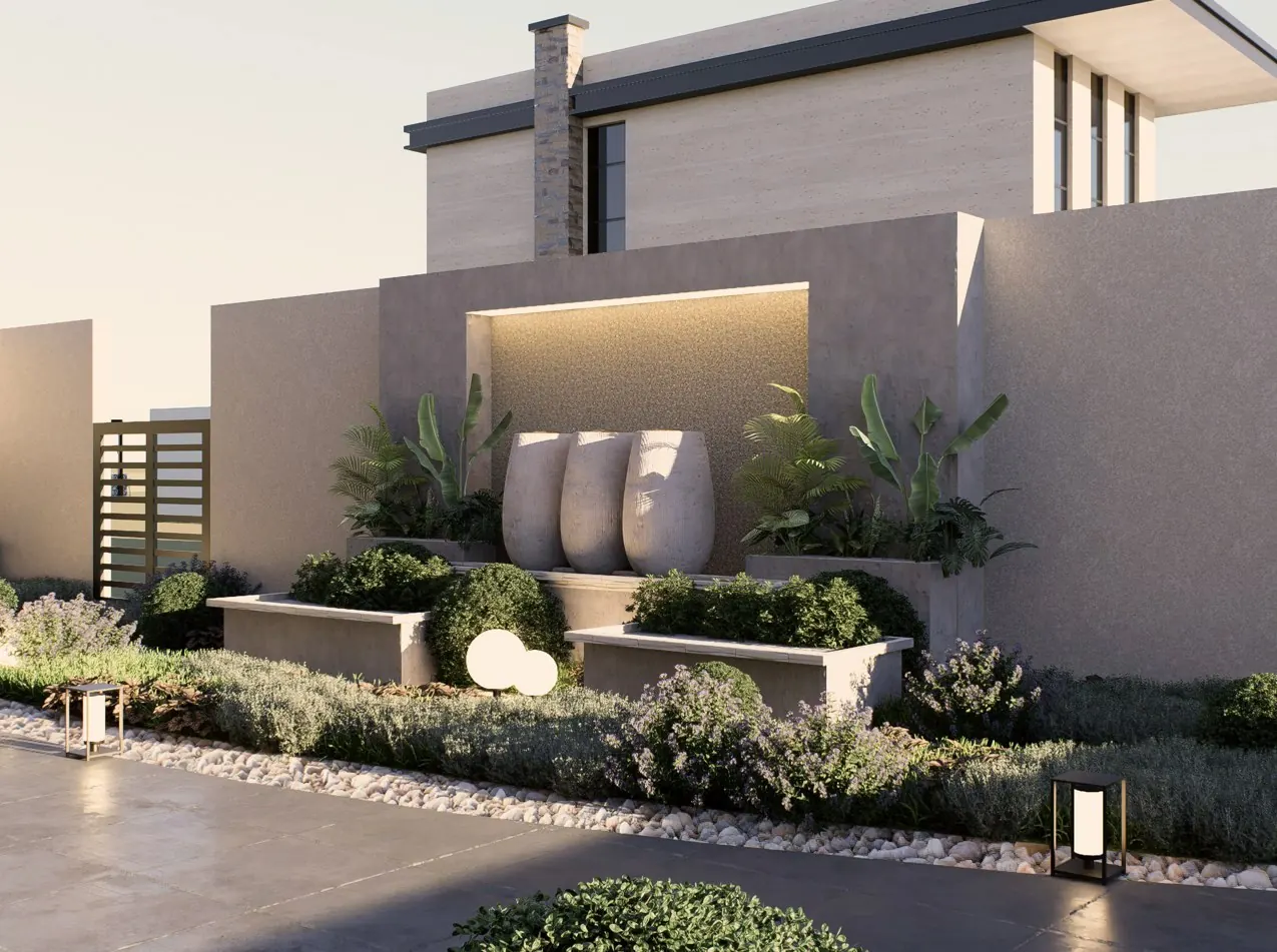 Villa entrance landscape with stone planters, sculptural urns and lavender beds, Dubai Hills Estate