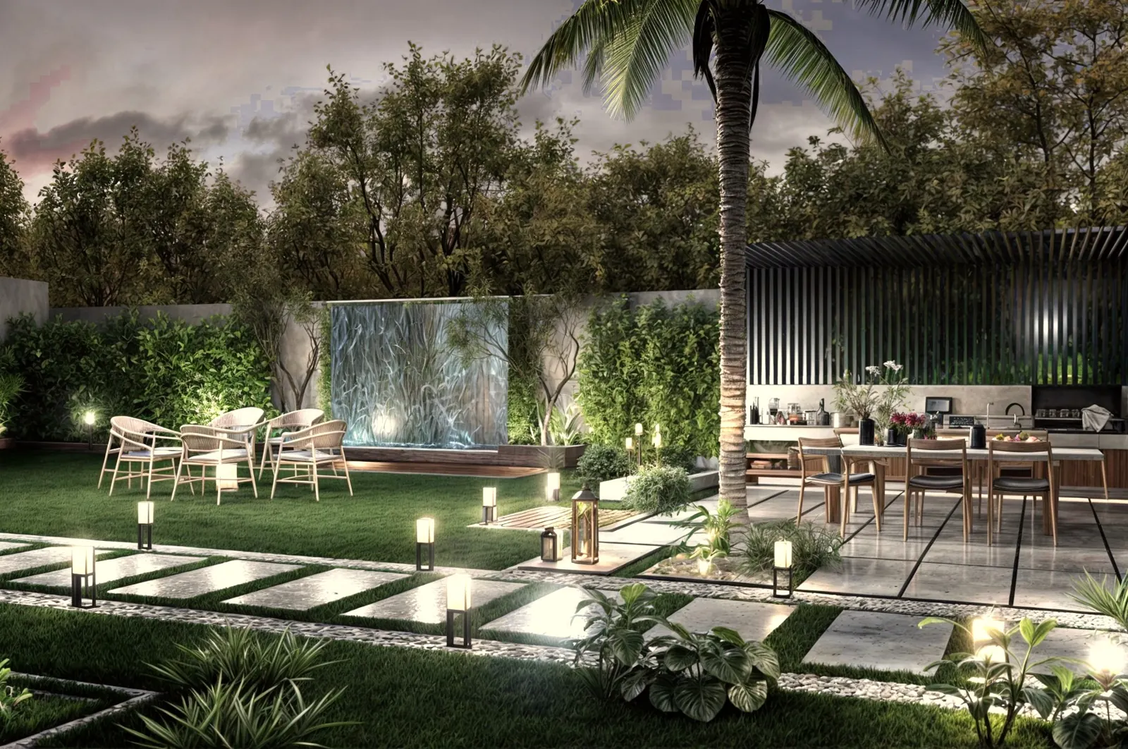 Garden at dusk with water wall, lit stepping-stone path and outdoor kitchen pergola, Jubail Island, Abu Dhabi